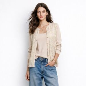 Vintage Y2K Victor Costa Twinset XS Beige Sheer Lace Beaded Cardigan & Tank